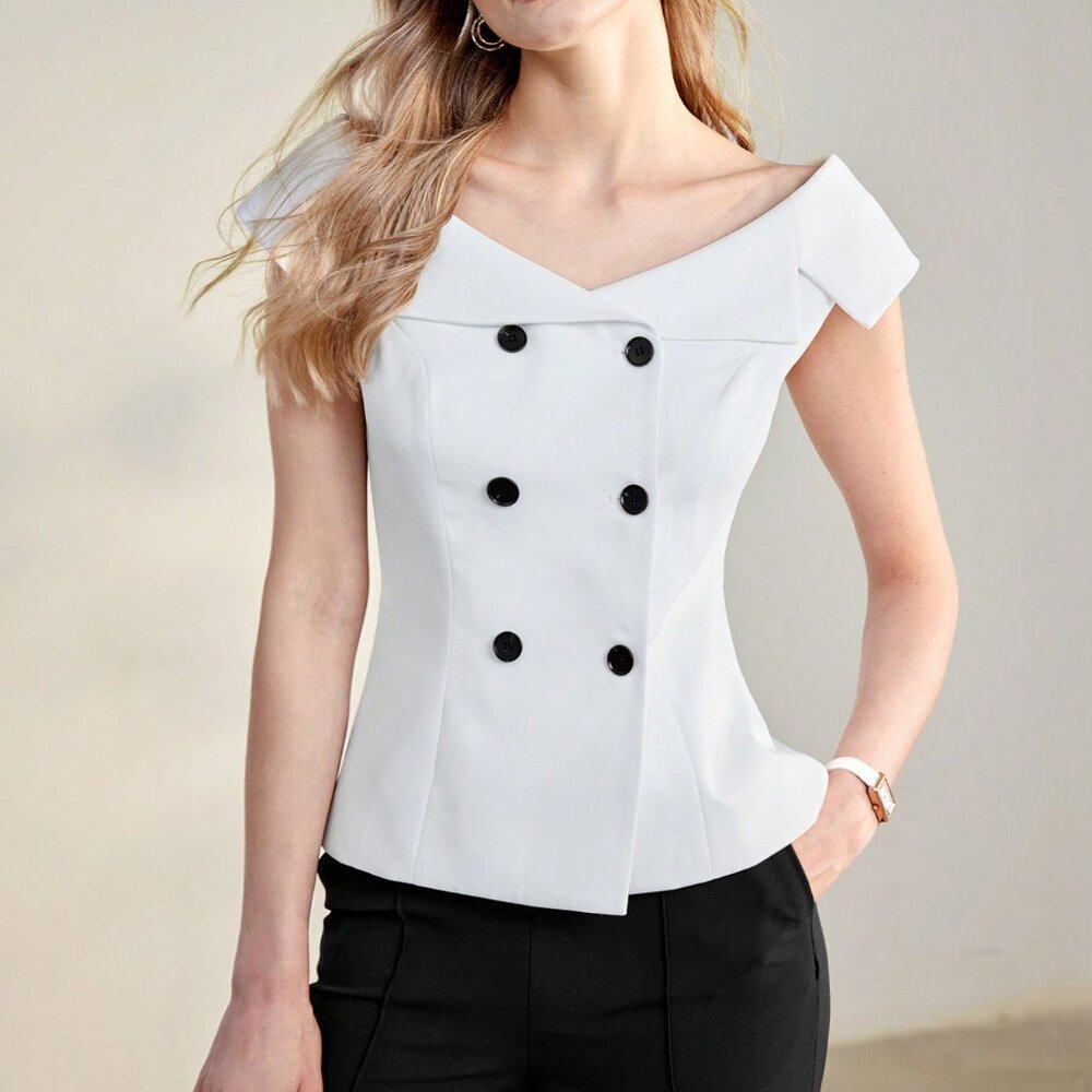 White Elegant Women's Double Breasted Hourglass Blouse - Picture 6 of 7